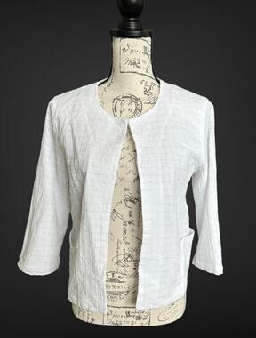 Chico's Size 0 Small White Waffle Knit Lined Open Cardigan Blazer Pockets